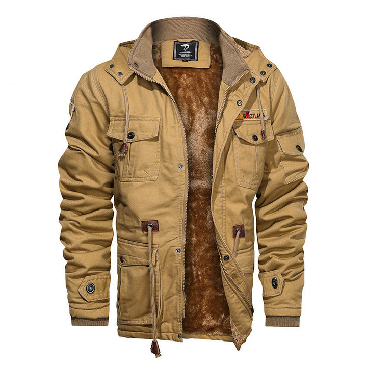 Herren Militärinspirierte Canvas-Fieldjacke mit Kapuze, Kordzug‑Taille und Fleece‑Innenfutter Echoarchiv