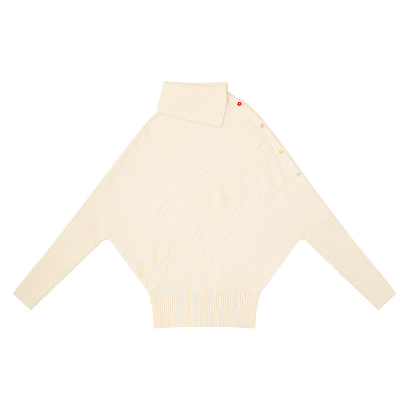 Damen Oversize-Pullover mit Rollkragen, asymmetrischer Schulter-Knopfleiste und Zopfstrick-Details Echoarchiv