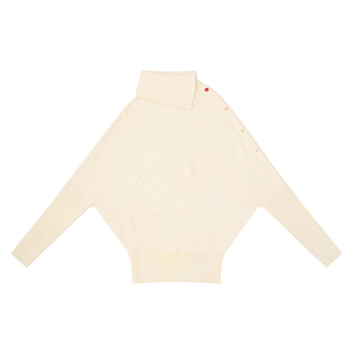 Damen Oversize-Pullover mit Rollkragen, asymmetrischer Schulter-Knopfleiste und Zopfstrick-Details Echoarchiv