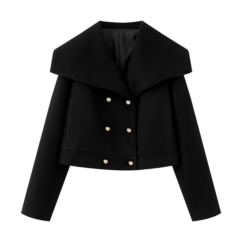 Damen cropped marineinspirierter Kurzmantel-Blouson mit übergroßem Schalkragen und dekorativer Doppelknopfleiste – Célinea