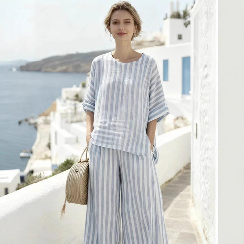Damen Zweiteiliges gestreiftes Leinen‑Optik Lounge‑Set mit Oversize‑Bluse und High‑Waist Palazzo – Élanora