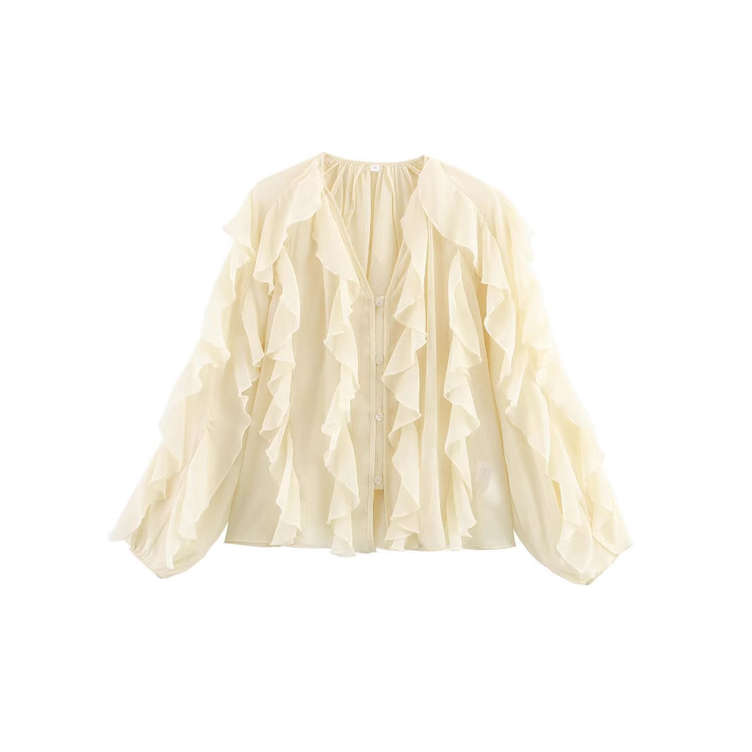 Damen transparente Chiffonbluse mit mehrlagigen Volants, weiten Ballonärmeln und durchgehender Knopfleiste – Élovi