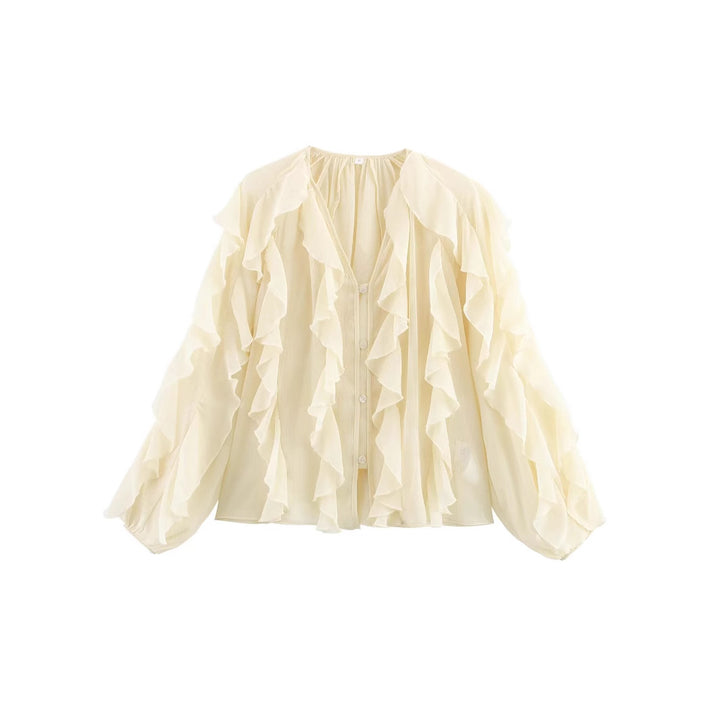 Damen transparente Chiffonbluse mit mehrlagigen Volants, weiten Ballonärmeln und durchgehender Knopfleiste – Élovi