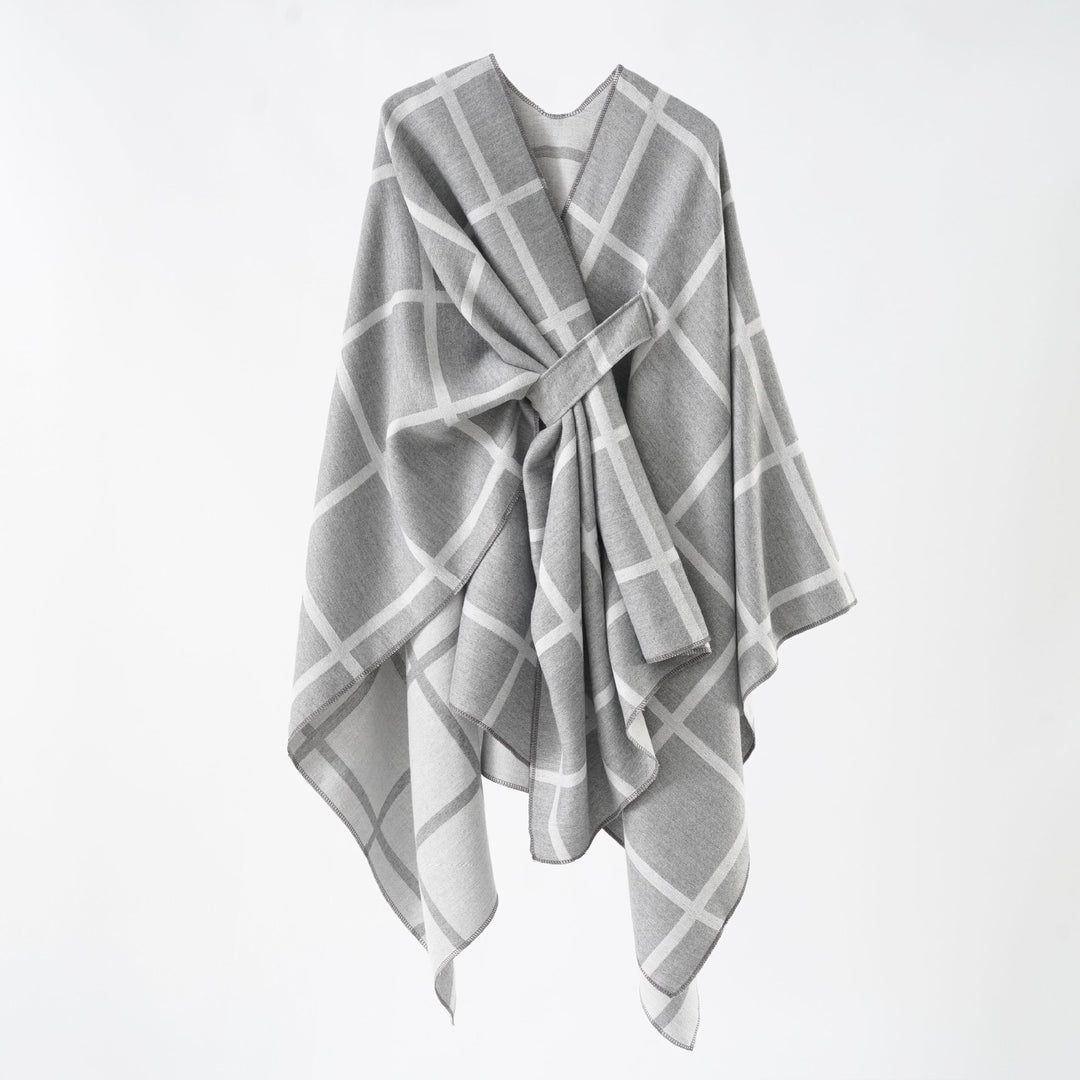 Damen Oversize Wollmix Poncho mit Gürtel und Karomuster Echo Archiv