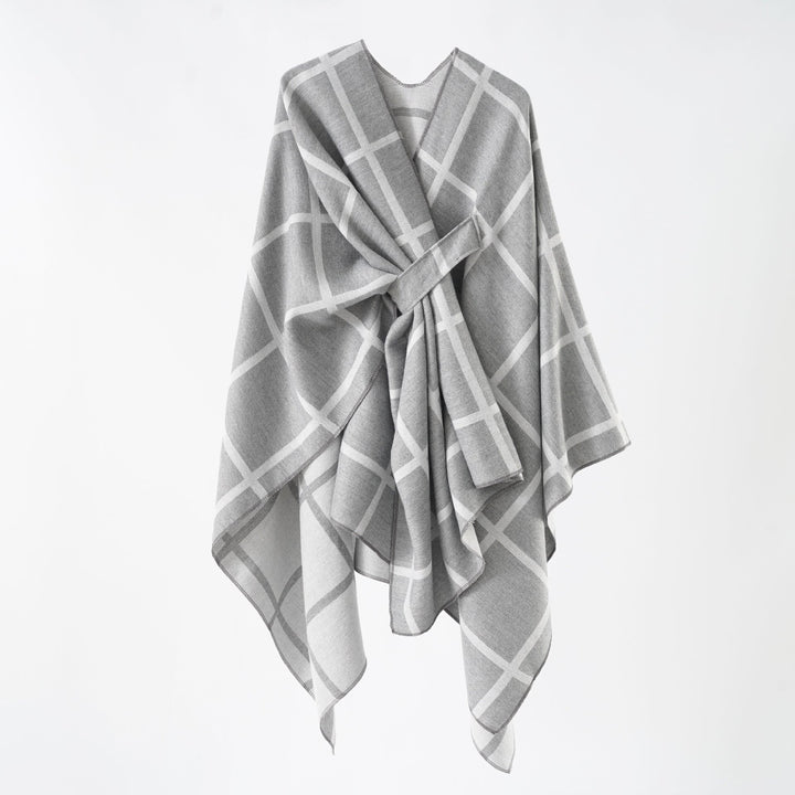 Damen Oversize Wollmix Poncho mit Gürtel und Karomuster Echo Archiv