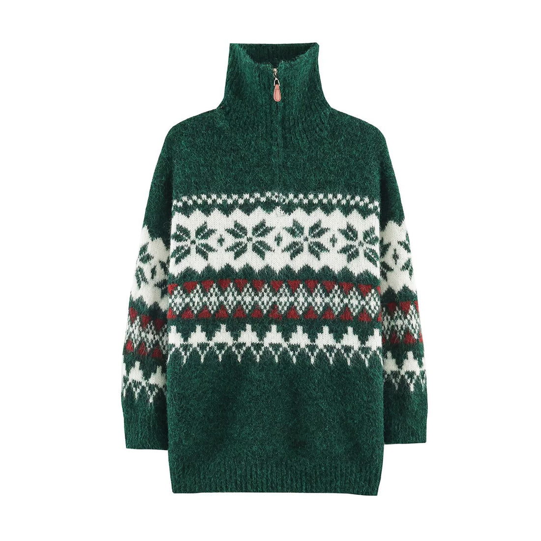 Damen Norwegermuster Strickpullover mit halbem Reißverschluss und Stehkragen Echoarchiv
