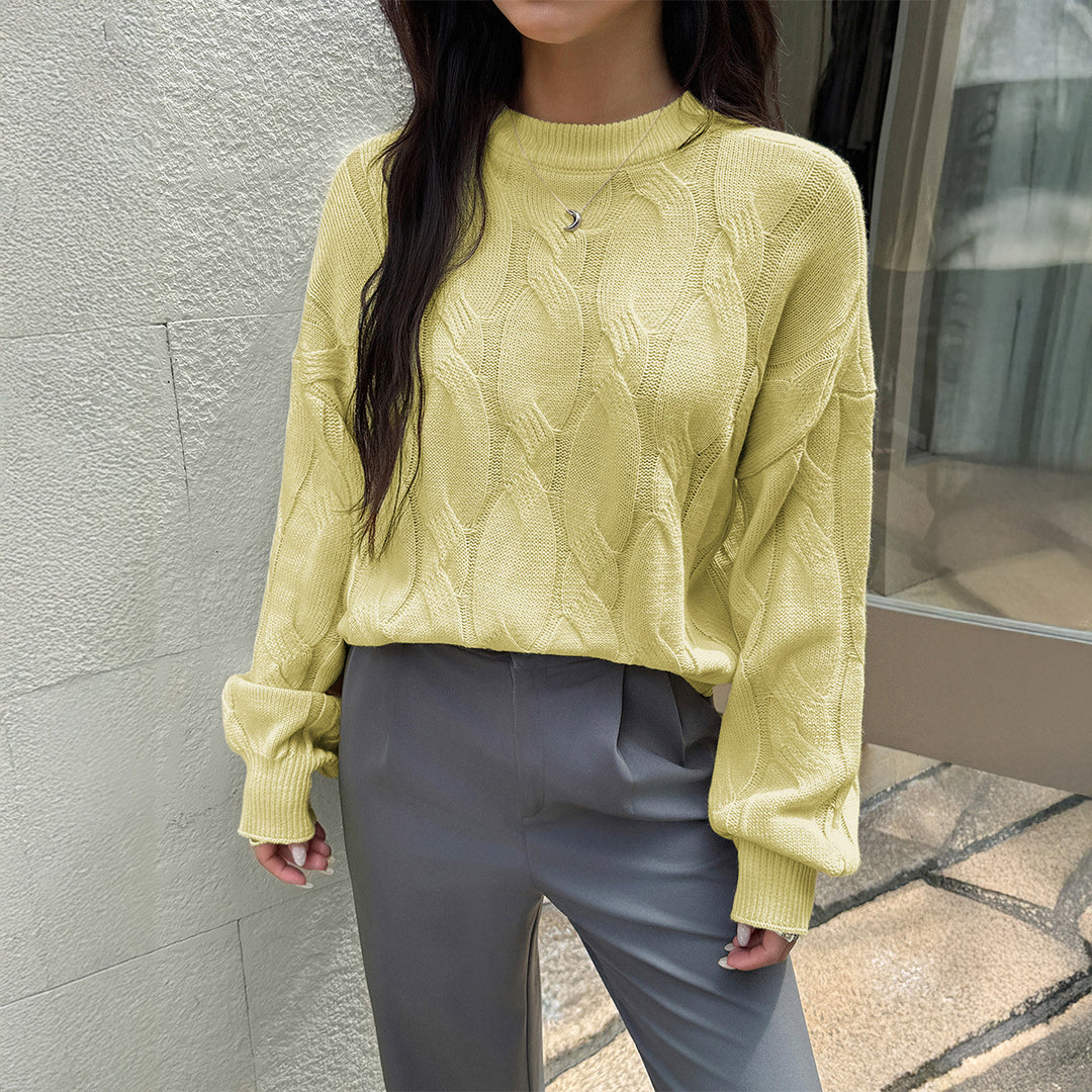 Damen cropped Zopfmuster-Pullover mit kastiger Silhouette, überschnittener Schulter und geripptem Saum – Mavelle