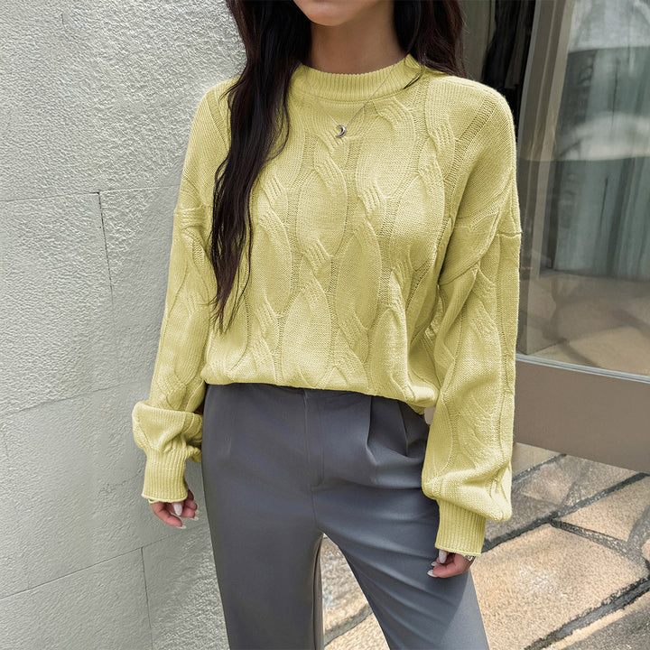 Damen cropped Zopfmuster-Pullover mit kastiger Silhouette, überschnittener Schulter und geripptem Saum – Mavelle