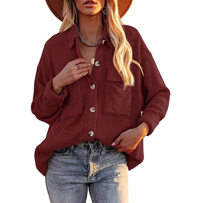 Damen Oversize-Feinstrick-Hemdjacke mit Knopfleiste und Brusttaschen Echoarchiv