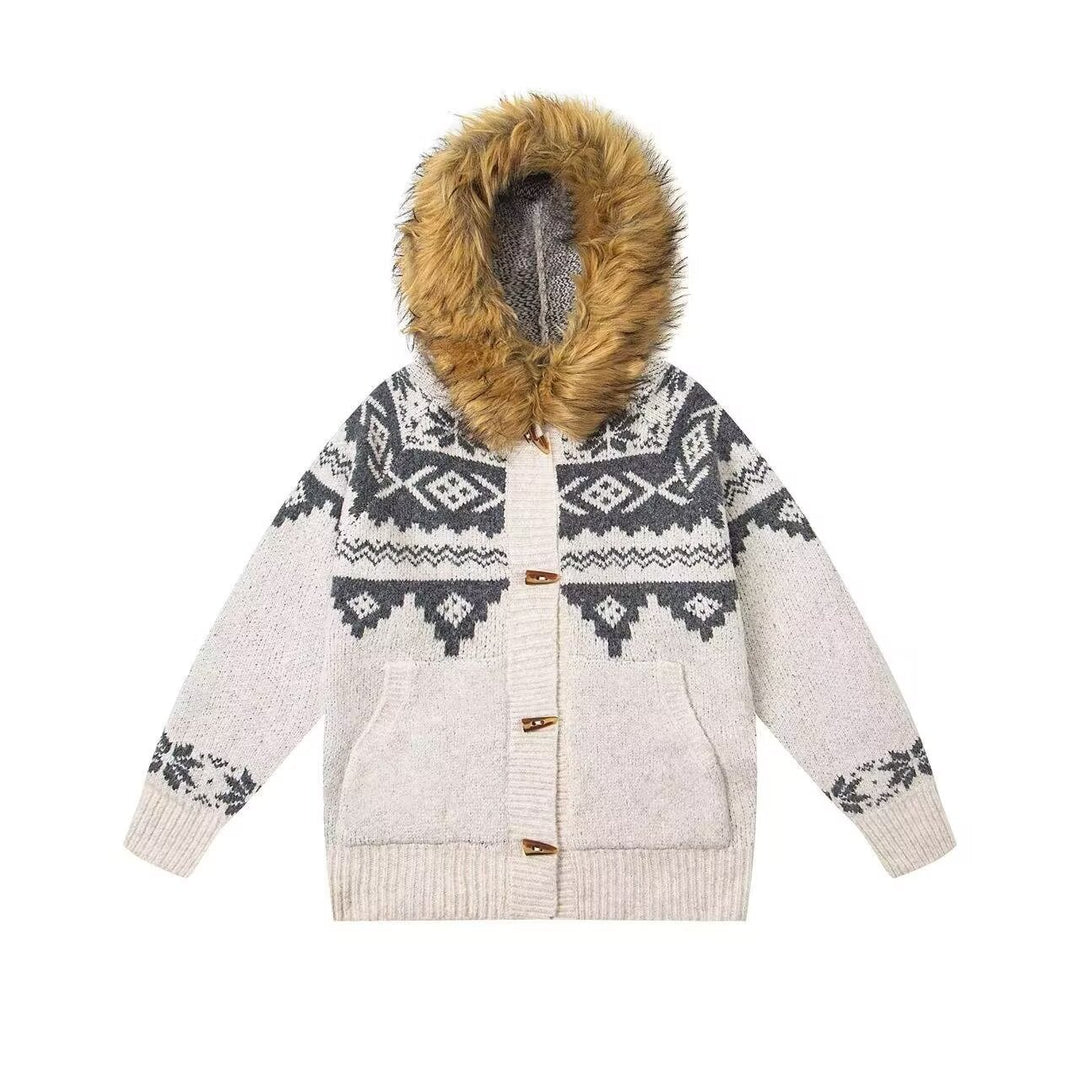 Damen Modische Strickjacke mit Kapuze und kunstfellbesetztem Kragen Echoarchiv
