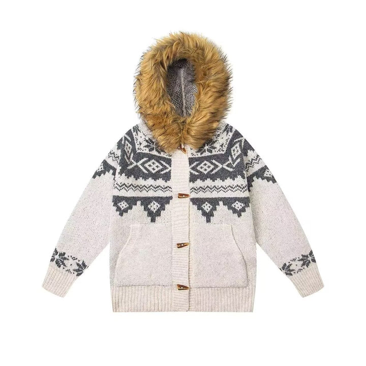 Damen Modische Strickjacke mit Kapuze und kunstfellbesetztem Kragen Echoarchiv