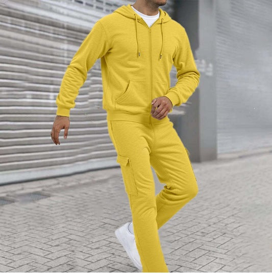Herren athletischer Zip-Sweatset mit Cargo-Jogginghose, ergonomischen Nähten und gerippten Bündchen – Cavarno