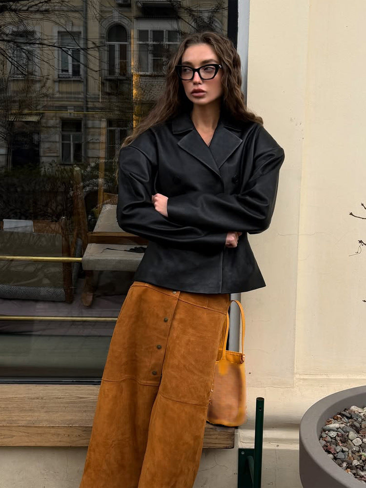 Damen Modischer Blazer-Bomber aus veganem Lederimitat mit doppeltreihiger Front Echoarchiv