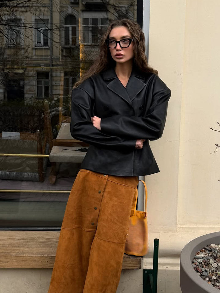 Damen Modischer Blazer-Bomber aus veganem Lederimitat mit doppeltreihiger Front Echoarchiv