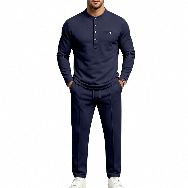 Herren Zweiteiliges Freizeitset mit Henley-Langarmshirt, Stehkragen und Komfort-Jogginghose – Sorevano