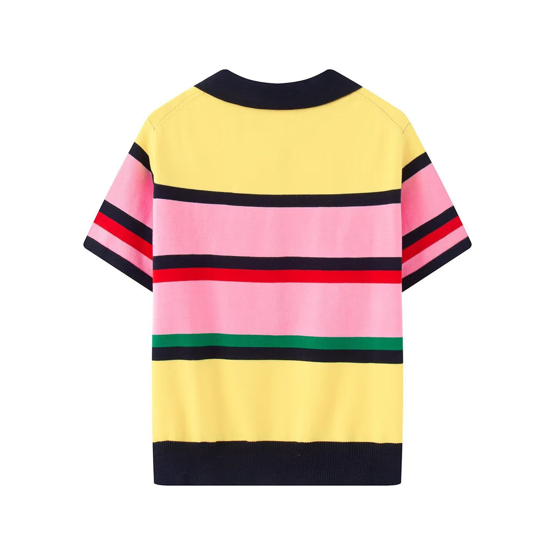 Damen Kurzärmeliges gestreiftes Feinstrick-Poloshirt mit durchgehender Knopfleiste Echo Archiv
