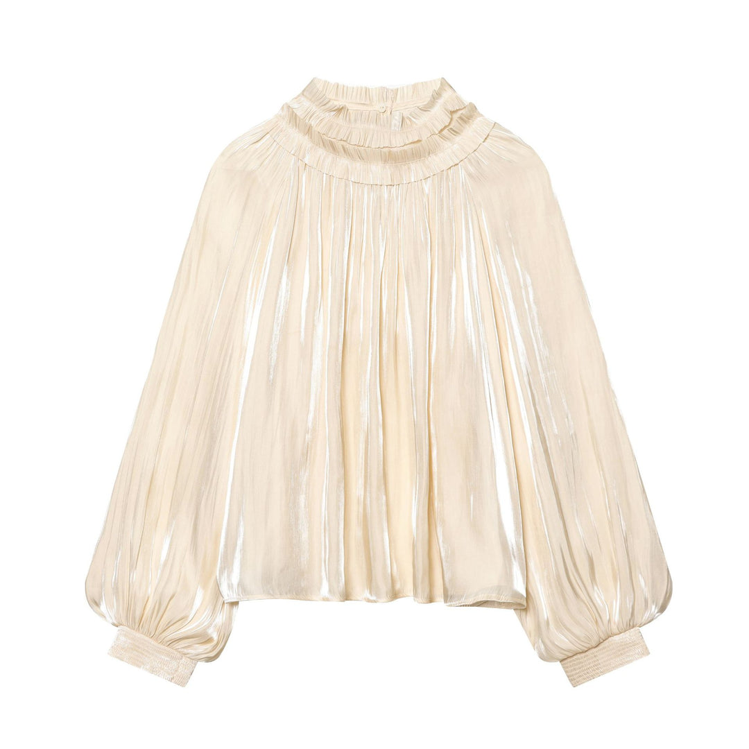 Damen nan plissierte Highneck-Bluse mit Volantkragen, Ballonärmeln und elastischen Bündchen Echo Archiv