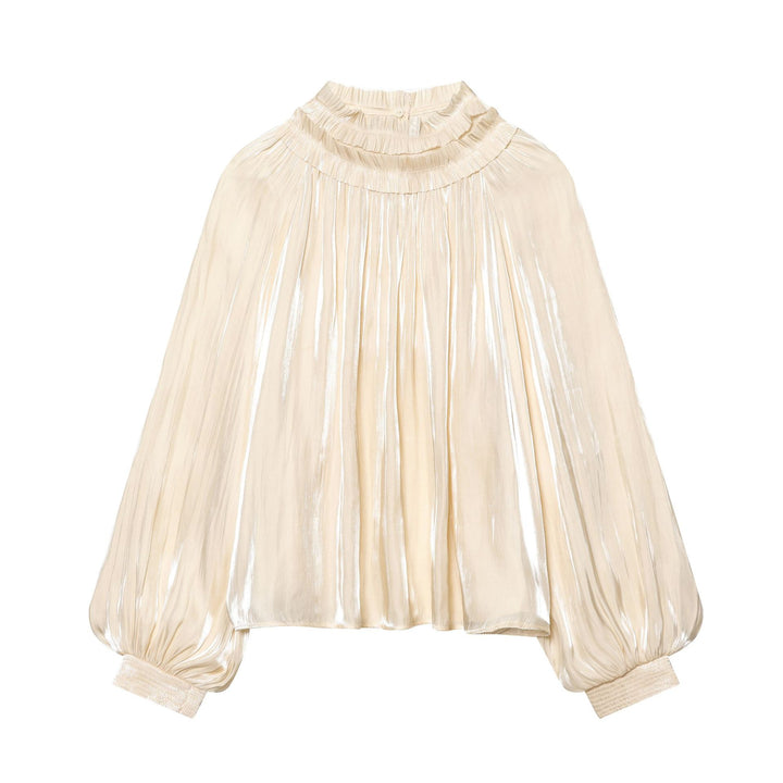 Damen nan plissierte Highneck-Bluse mit Volantkragen, Ballonärmeln und elastischen Bündchen Echo Archiv