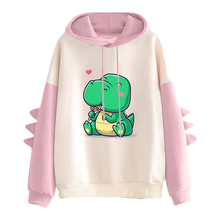 Damen Kapuzenpullover mit niedlichem Dinosaurierprint, kuscheligem Innenfutter und dreidimensionalen Ärmeldetails – Auréline