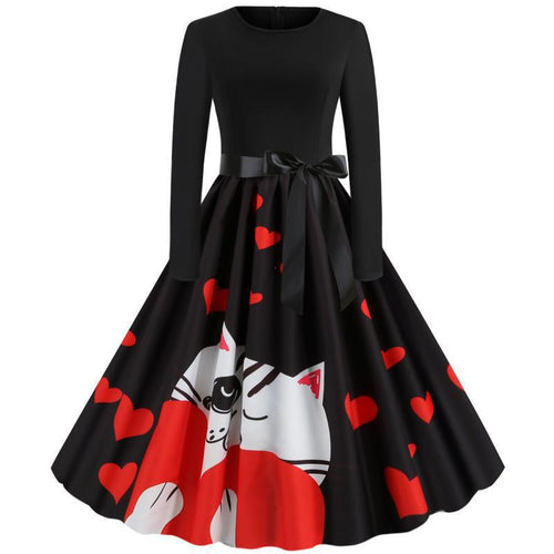 Damen Retro-Tellerkleid mit figurbetontem Oberteil, Satin-Taillengürtel und Katzen-Herz-Print – Élara