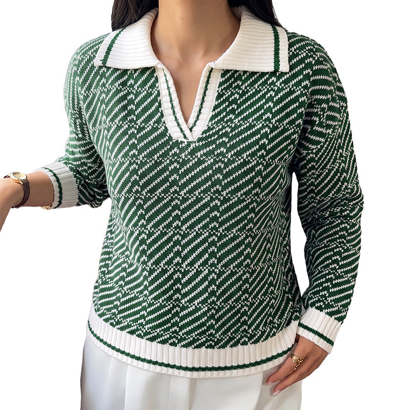 Damen Polokragen-Strickpullover mit V-Ausschnitt und Strukturmuster – Mavelle