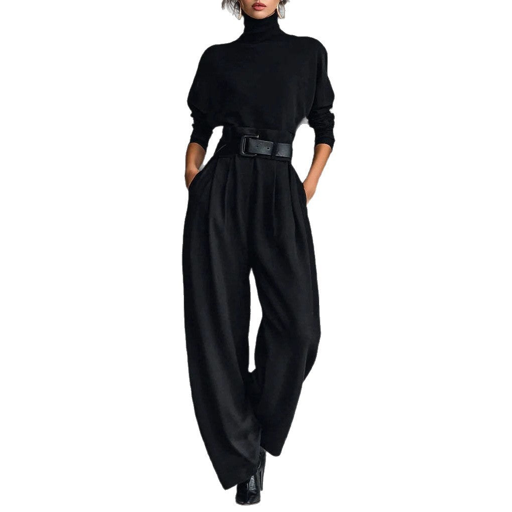 Damen nan elegante hochgeschnittene Plisseehose mit weitem Bein und Rollkragen-Feinstricktop Echo Archiv