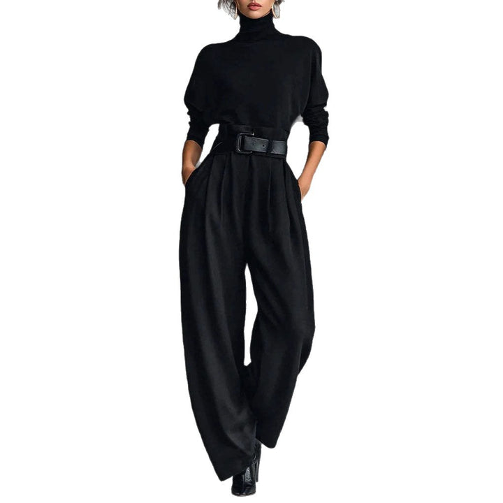 Damen nan elegante hochgeschnittene Plisseehose mit weitem Bein und Rollkragen-Feinstricktop Echo Archiv