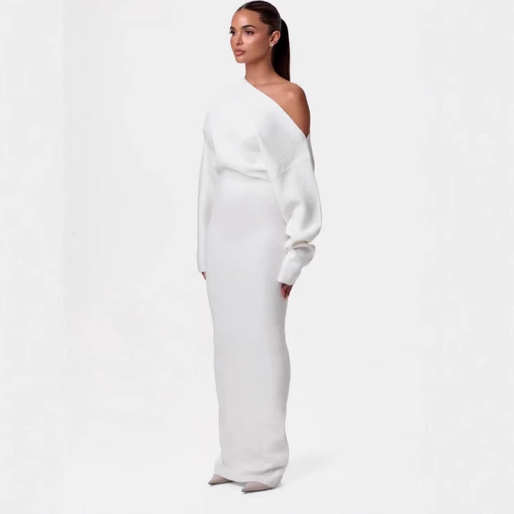 Damen One-Shoulder Maxi Strickkleid mit Übergroßen Ärmeln Echoarchiv