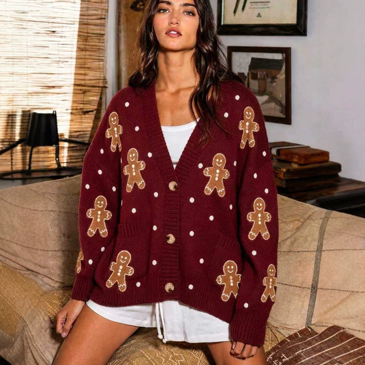Damen nan oversized Strickcardigan mit Lebkuchenstickerei und tiefem V-Ausschnitt Echo Archiv