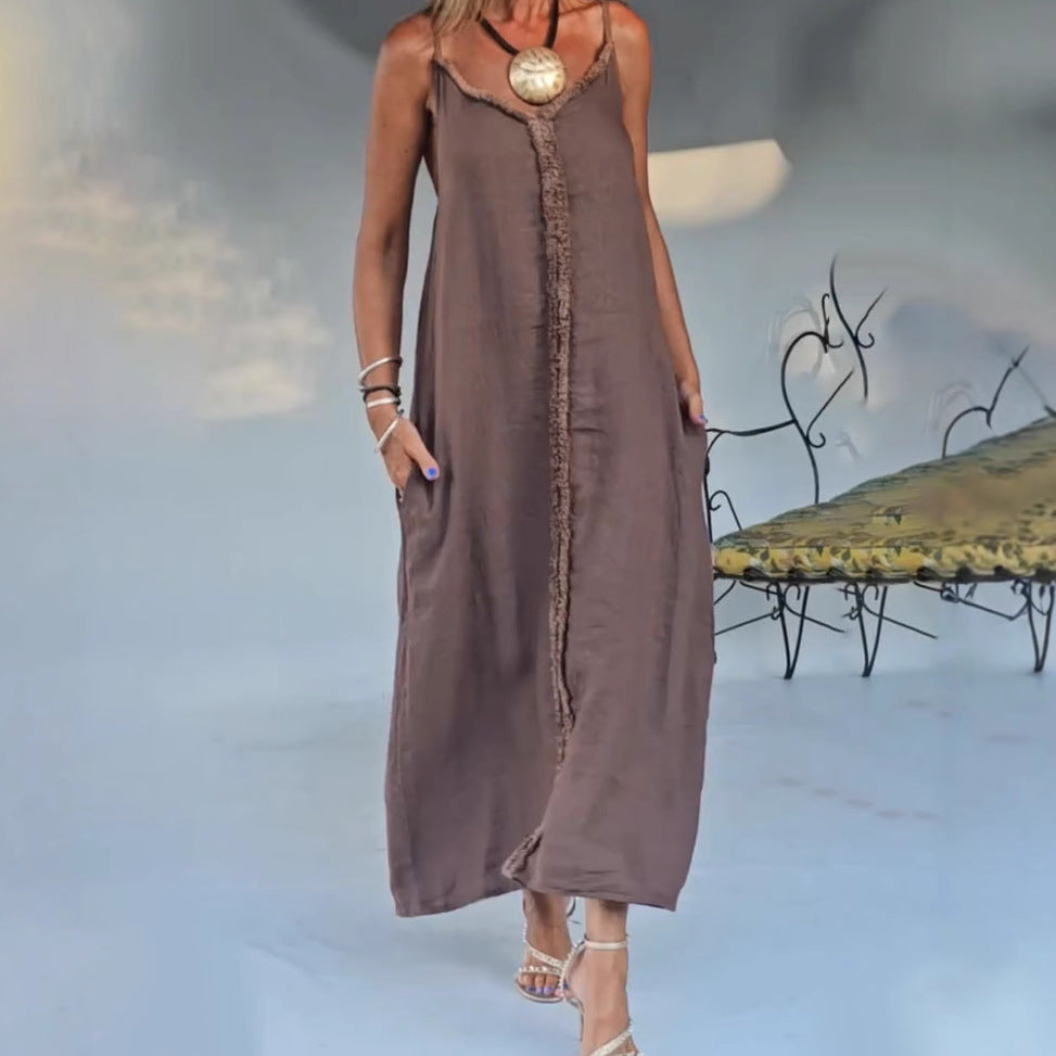 Damen nan luftiges Leinenoptik-Maxi-Trägerkleid mit fransiger Mittelnaht und Eingrifftaschen Echo Archiv