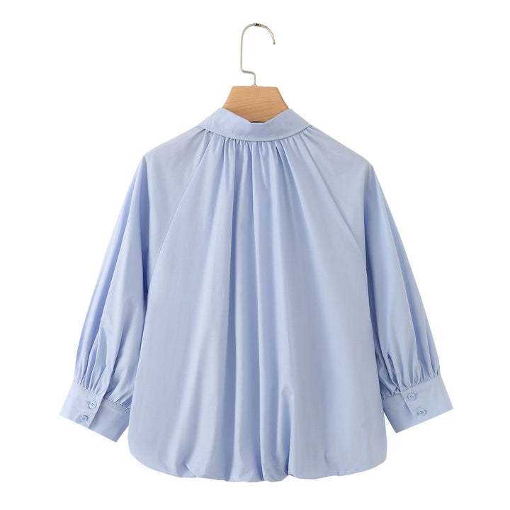 Damen Weites Blusenshirt mit Kellerfalten Ballonärmeln und Hemdkragen Echo Archiv