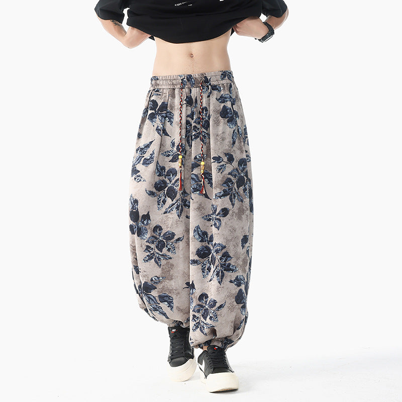 Damen nan lässige Pluderhose im Ethno-Print mit elastischem Bund, Kordelzug und gesmokten Bündchen Echo Archiv