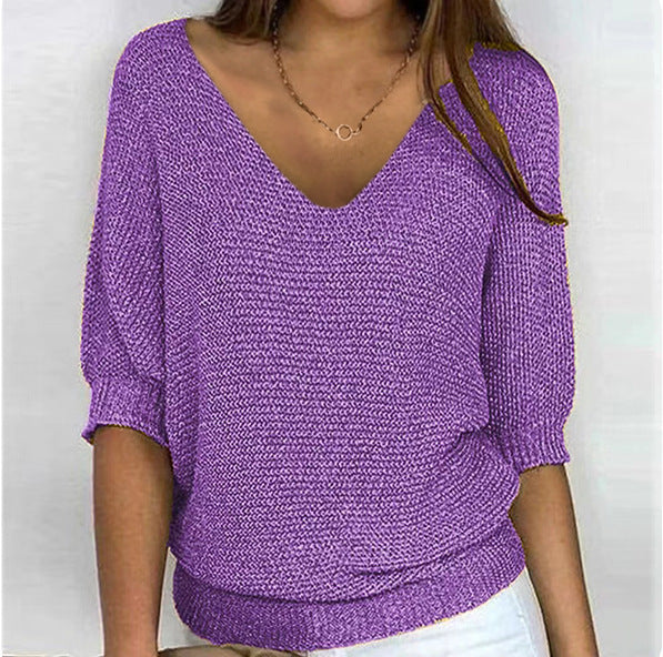 Damen nan lässiger Strickpullover mit V-Ausschnitt und Fledermausärmeln Echo Archiv