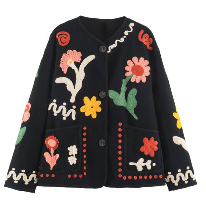 Damen bestickte Boxy-Jacke mit floraler Applikation und aufgesetzten Taschen Echoarchiv