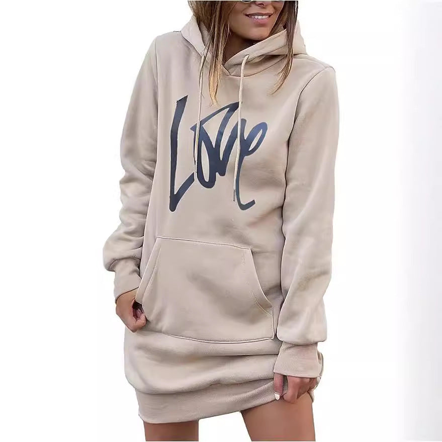 Damen Fleece-Kapuzenkleid mit Kängurutasche, Daumenlochärmeln und Oversize-Sweatshirt-Schnitt Echoarchiv
