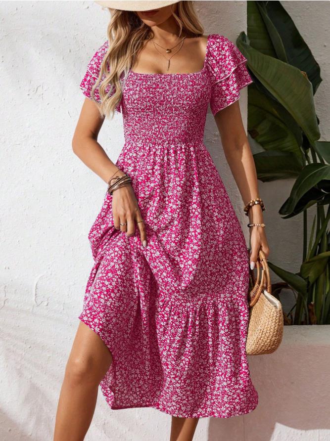 Damen Off-Shoulder Maxikleid mit floralen Mustern und elastischem Oberteil Echo Archiv
