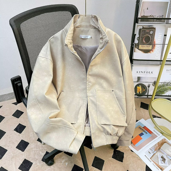Herren kurze Stehkragenjacke aus Veloursleder-Imitat mit durchgehendem Reißverschluss Echoarchiv