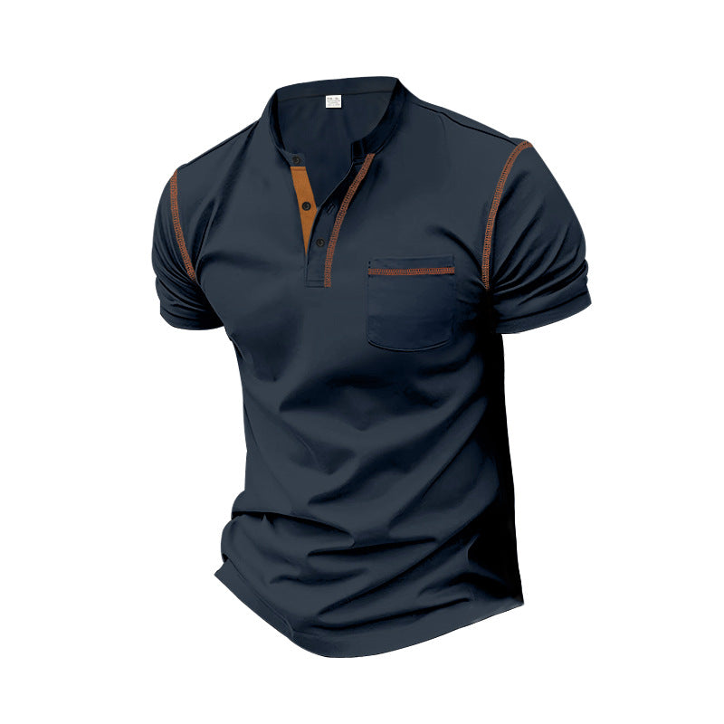 Herren nan Kurzarm-Polo im Henleystil mit Stehkragen, Brusttasche und Kontrastnaht Echo Archiv