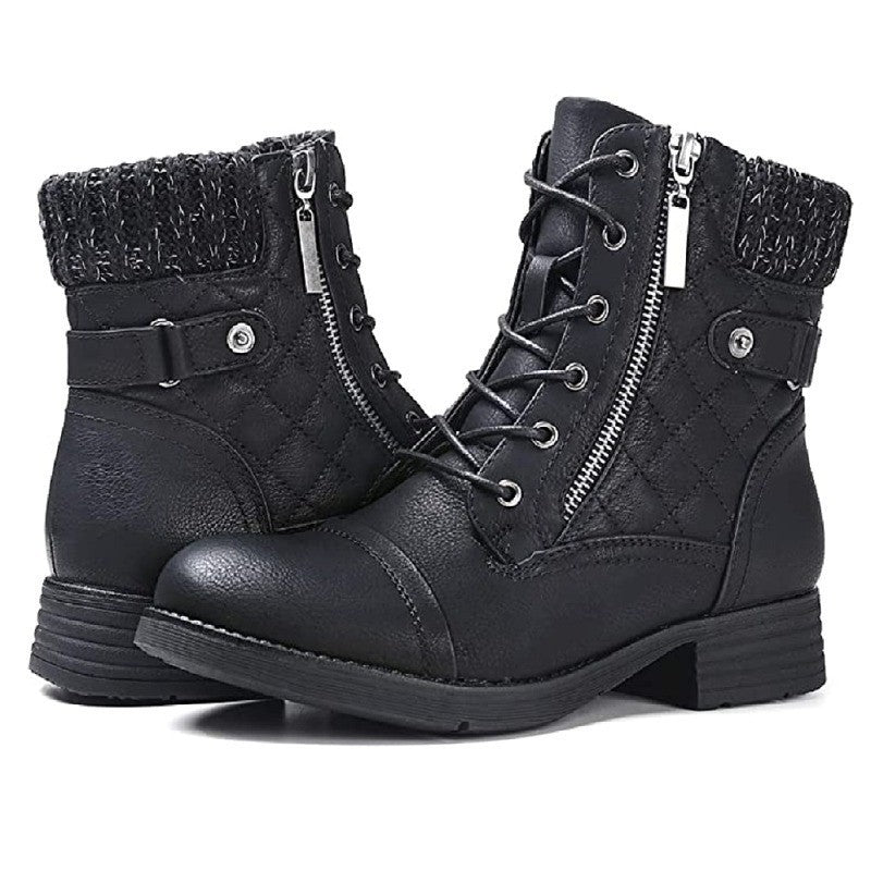 Damen Combat-Boots mit gesteppter Knöchelmanschette, Strickkragen und seitlichem Reißverschluss Echo Archiv