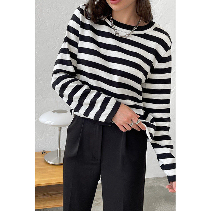 Damen nan gestreifter Baumwollpullover mit Rundhals und legerer Passform Echo Archiv