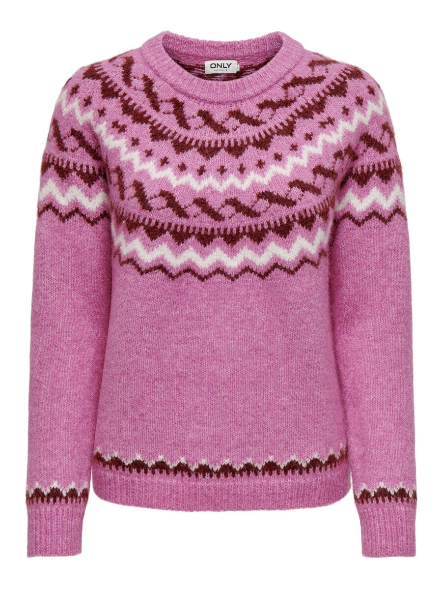 Damen nan melierter Rundhalsausschnittpullover mit kreisförmigem Jacquard-Yoke und geripptem Saum Echo Archiv
