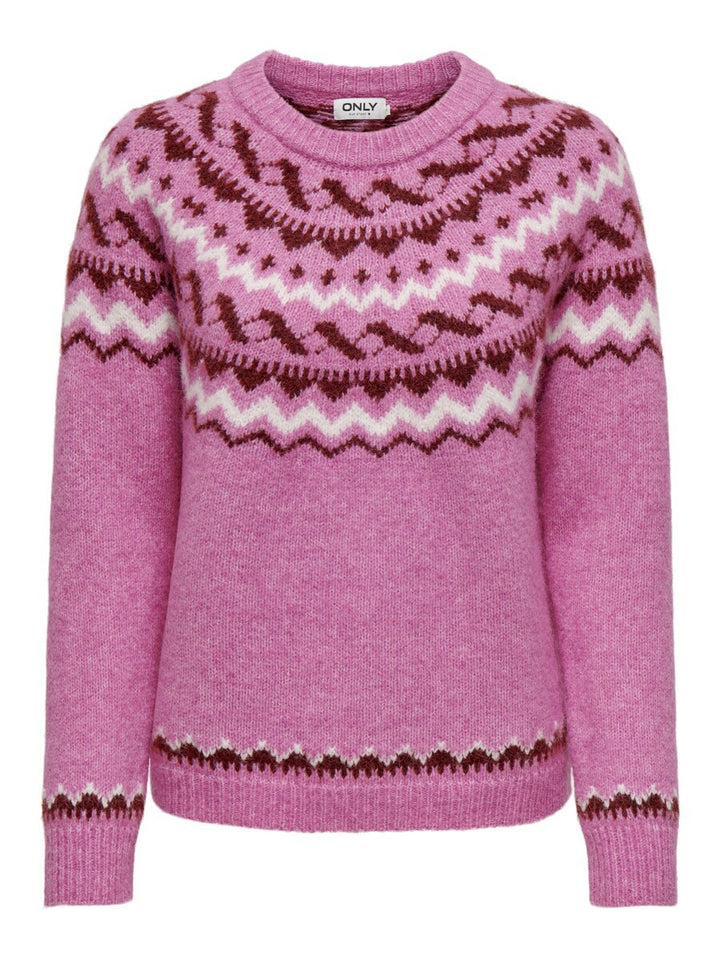 Damen nan melierter Rundhalsausschnittpullover mit kreisförmigem Jacquard-Yoke und geripptem Saum Echo Archiv