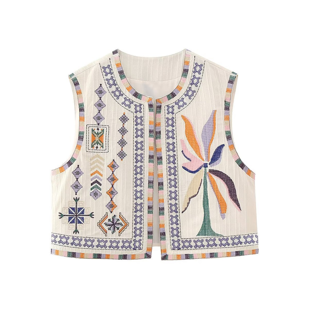 Damen bestickte ärmellose Boho‑Weste mit folkloristischen Motiven und offener Front Echoarchiv