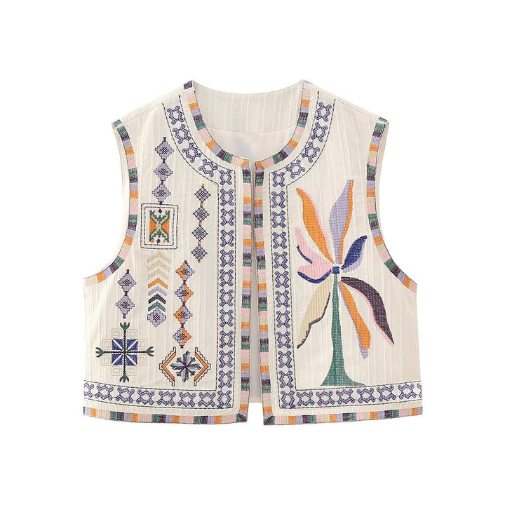 Damen bestickte ärmellose Boho‑Weste mit folkloristischen Motiven und offener Front Echoarchiv