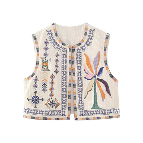 Damen bestickte ärmellose Boho‑Weste mit folkloristischen Motiven und offener Front Echoarchiv
