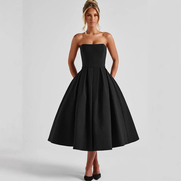 Damen Elegantes Midi-Kleid mit schwingendem Rock und raffiniertem Bandeau-Ausschnitt – Élara