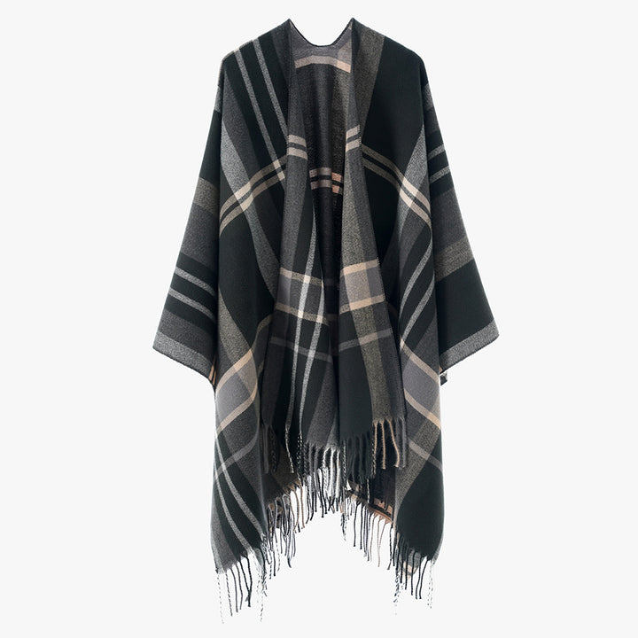 Damen Oversize Karierter Fransen-Poncho aus weichem Strick – Avérine