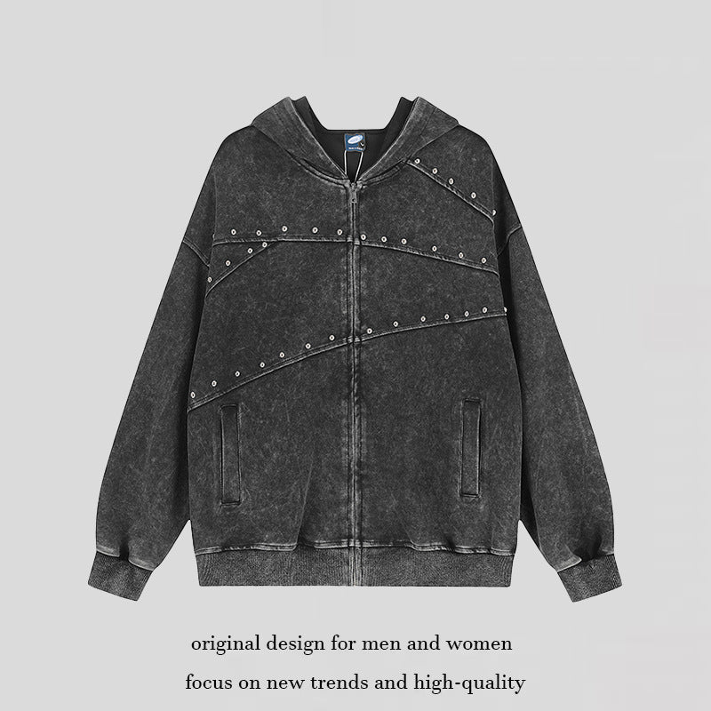 Damen Kapuzen‑Sweatjacke im Oversize‑Used‑Look mit Nietverzierung und durchgehendem Reißverschluss Echoarchiv