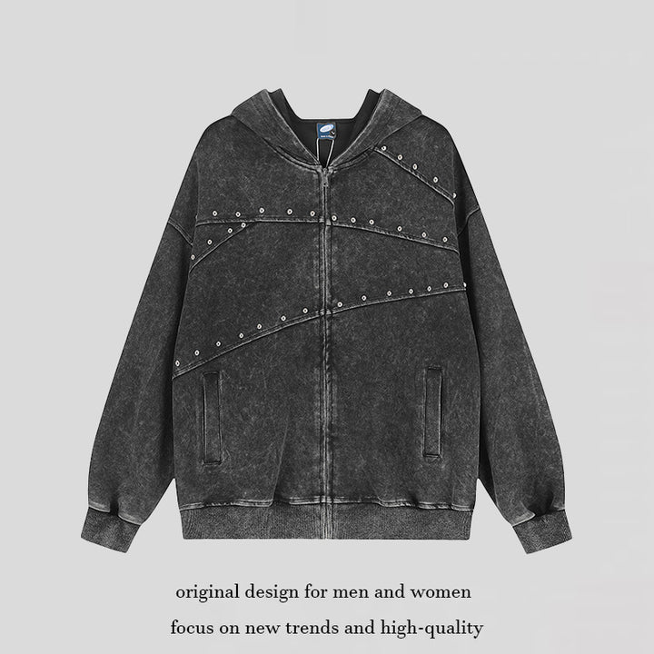 Damen Kapuzen‑Sweatjacke im Oversize‑Used‑Look mit Nietverzierung und durchgehendem Reißverschluss Echoarchiv