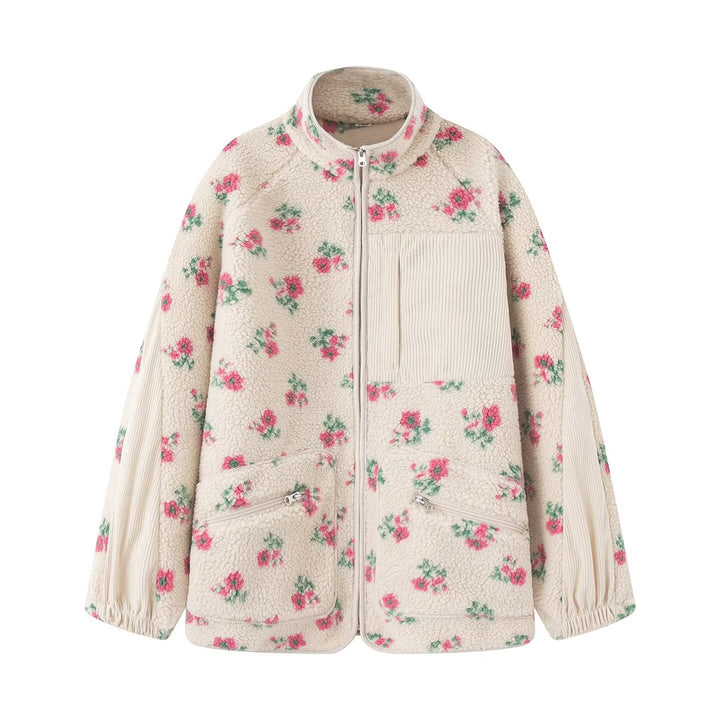 Damen nan Teddy-Fleece Jacke mit floralem Muster, Feincord-Einsätzen, Stehkragen und Reißverschluss Echo Archiv